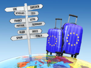Travel concept. Suitcases and signpost what to visit in Europe.